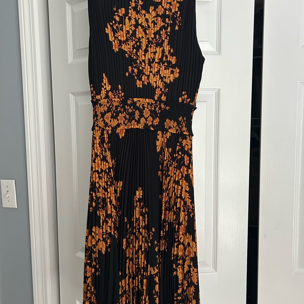 Nanette Lepore Black and Orange Pleated Maxi Dress Halter Neckline